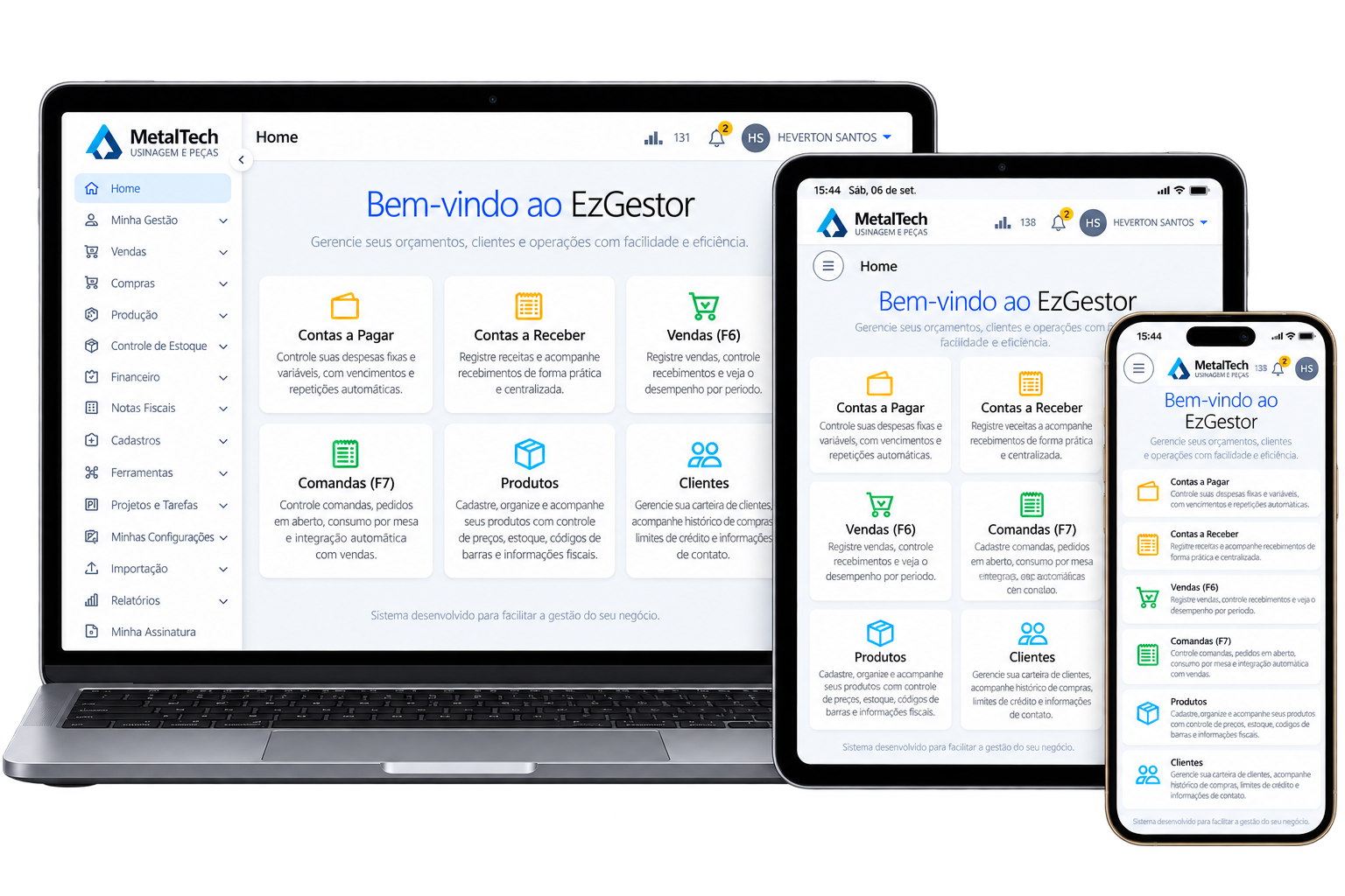 EzGestor aberto no computador, tablet e celular, mostrando a tela inicial com acesso rápido a contas a pagar, contas a receber e vendas