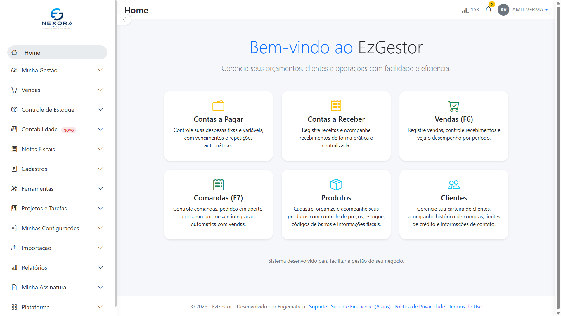 Tela inicial do EzGestor com acesso rápido a contas a pagar, contas a receber, vendas, comandas, produtos e clientes
