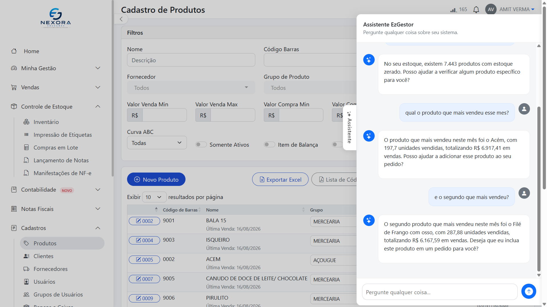 Assistente de Inteligência Artificial do EzGestor respondendo perguntas sobre produtos e vendas dentro do sistema