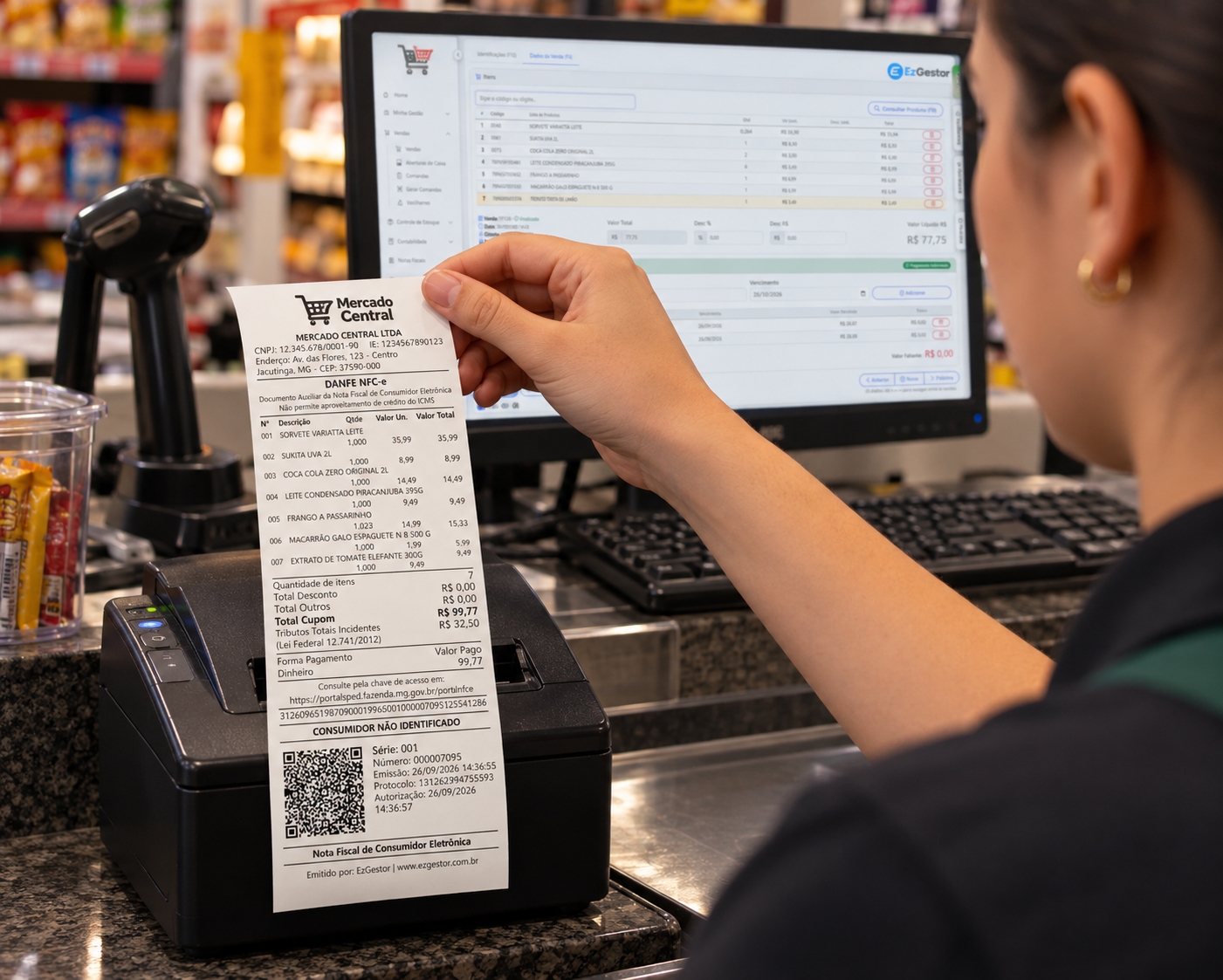 Operadora de caixa de supermercado emitindo cupom fiscal (NFC-e) pelo EzGestor